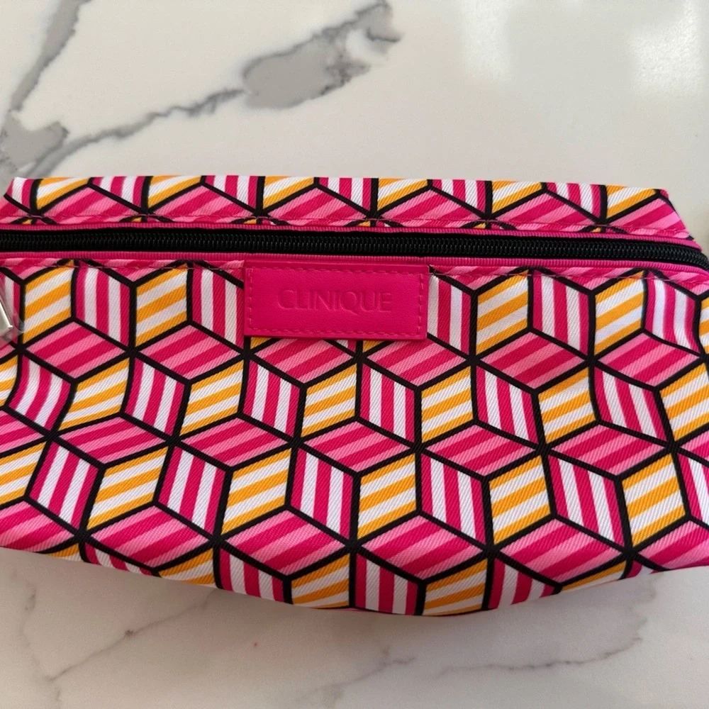 Clinique Pink Pattern Cosmetic Bag with Mascara and Lip Colors